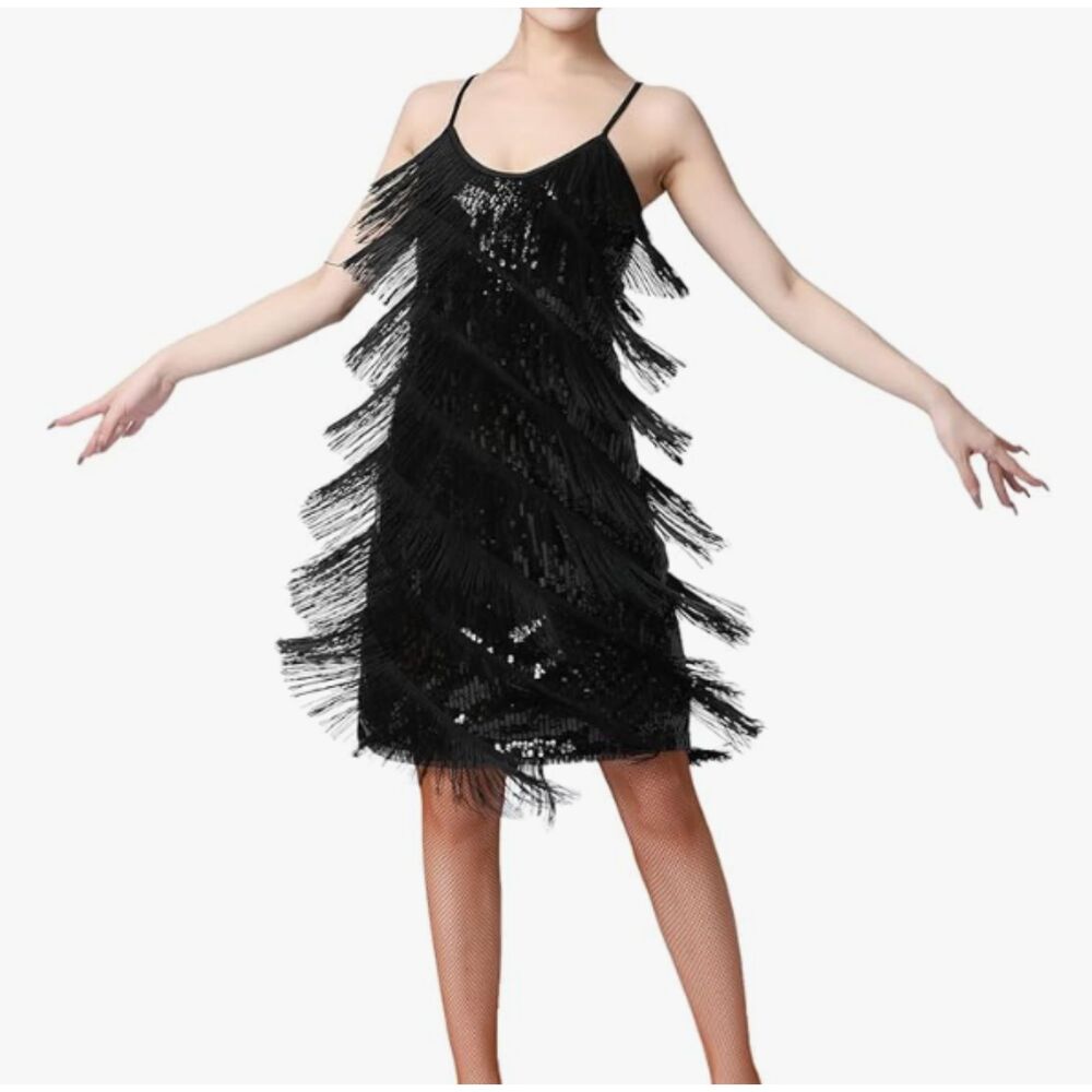 NEW Iwemek Black Fringe Salsa Dance Dress 3XL Sequined Adjustable Straps NWT